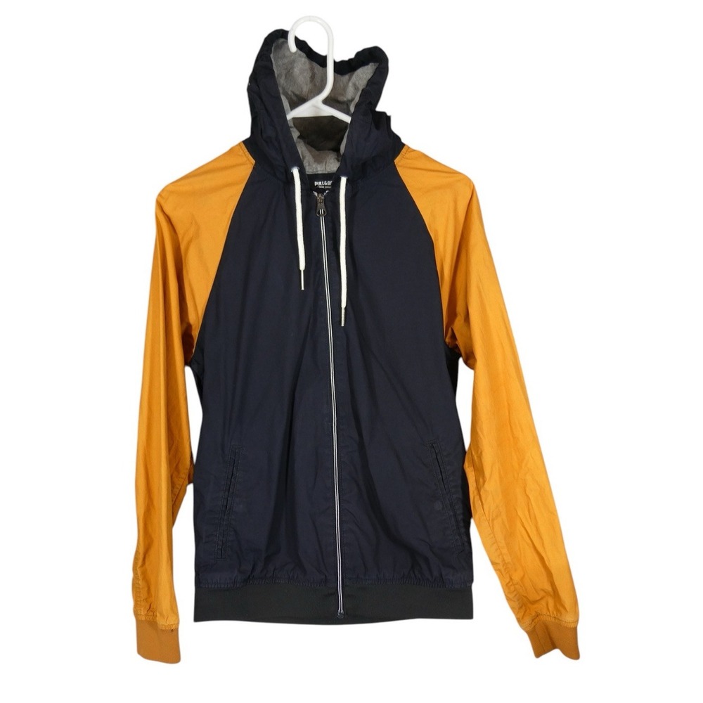 Pull&Bear Men Lightweight Cotton Hooded Jacket Size M Drawstring Zip‎ Colorblock